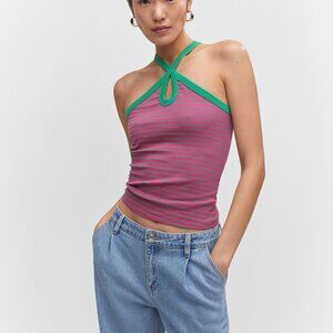 Pink and Green Striped Halter-neck knitted top